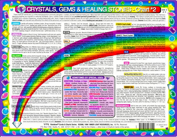 Set: 3 CHARTS: CHAKRAS, HEALING STONES, Crystals-CHARTS #1 & #2 in Inner Light Resources RAINBOW® Charts Series. 8.5 x 11 in. (Small Poster/ Large Cards)