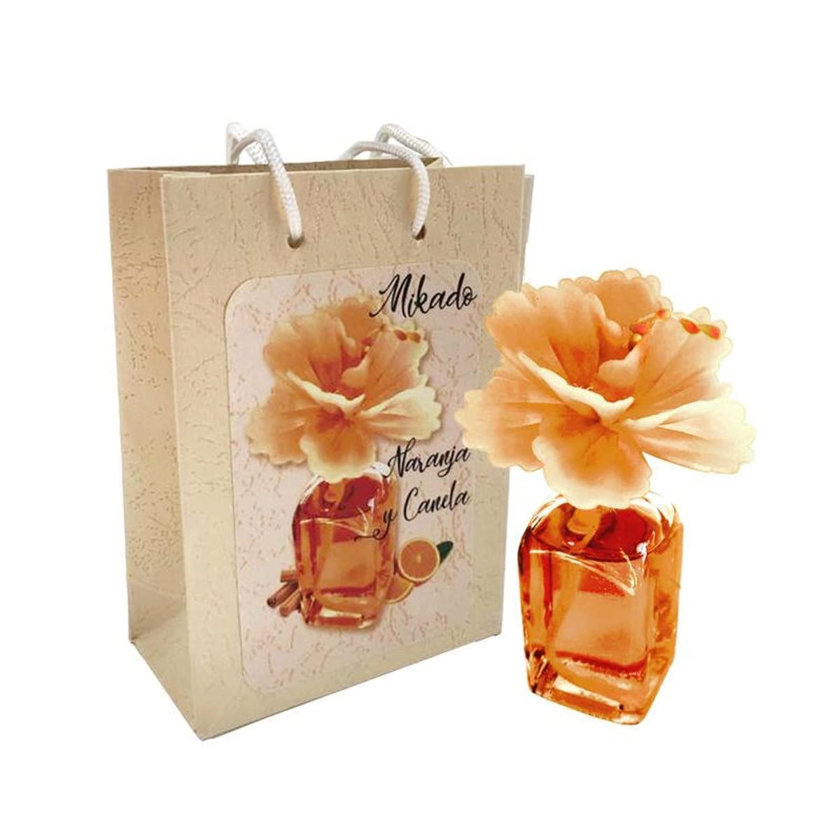 Lote de 8 Ambientadores Mikado Frasca Perfume Naranja y Canela"Flor" en Bolsa Decorativa a Juego. Regalos Originales. Complementos. Detalles para Bodas, Comuniones, Bautizos y Cumpleaños. CC