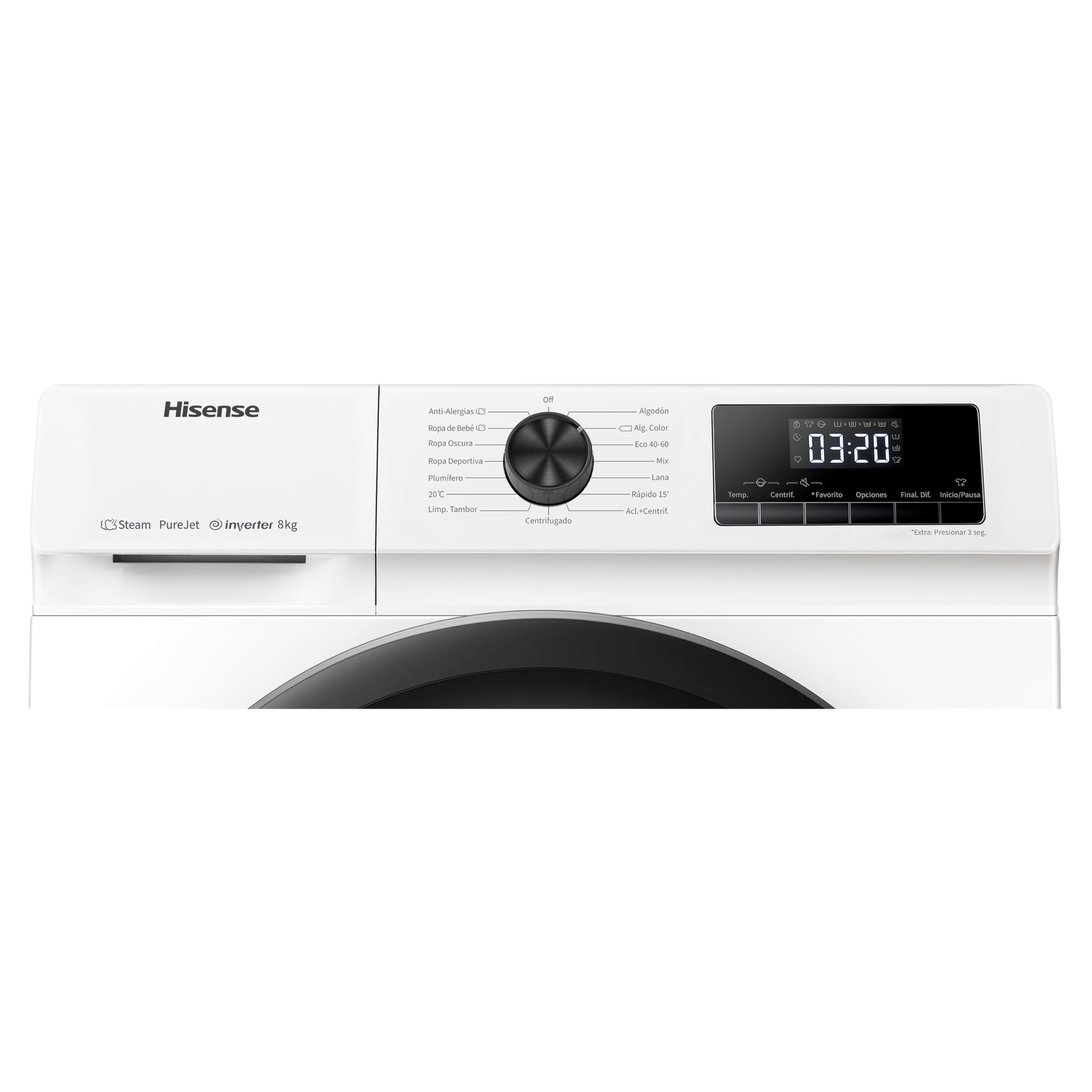 Hisense WFQE8014EVJM Lavadora 8 Kg, 1400 rpm, 15 Programas Automáticos, Vapor, Motor Inverter, Clase Eficiencia Lavado A, Pantalla LED, Programa Rápido, PureJet, Blanco