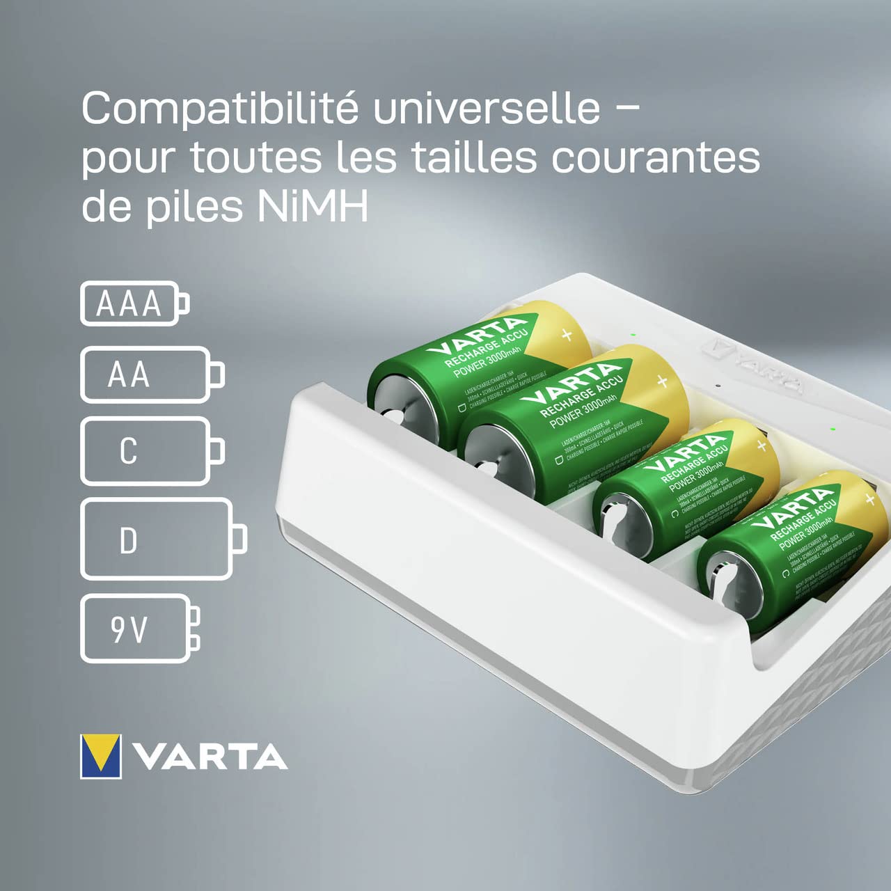 VARTA Chargeur de Piles, chargeur pour piles rechargeables, charge 2 ou 4 AA, AAA, C, D ou 1x 9V simultanément, Universal Charger, non équipé, avec arrêt de sécurité