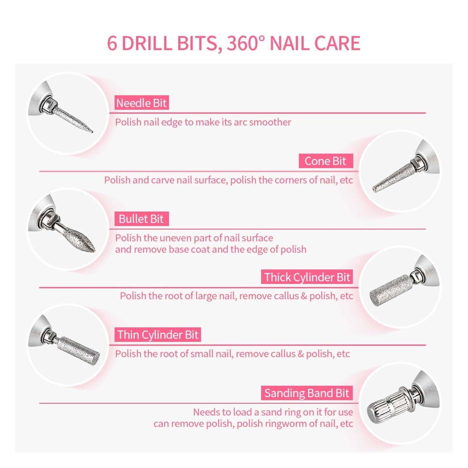 Taladro de uñas inalámbrico, máquina amoladora manicura, lima 35000RPM, pulidora, fresadora , herramienta Arte ,Baja vibración(Pink)