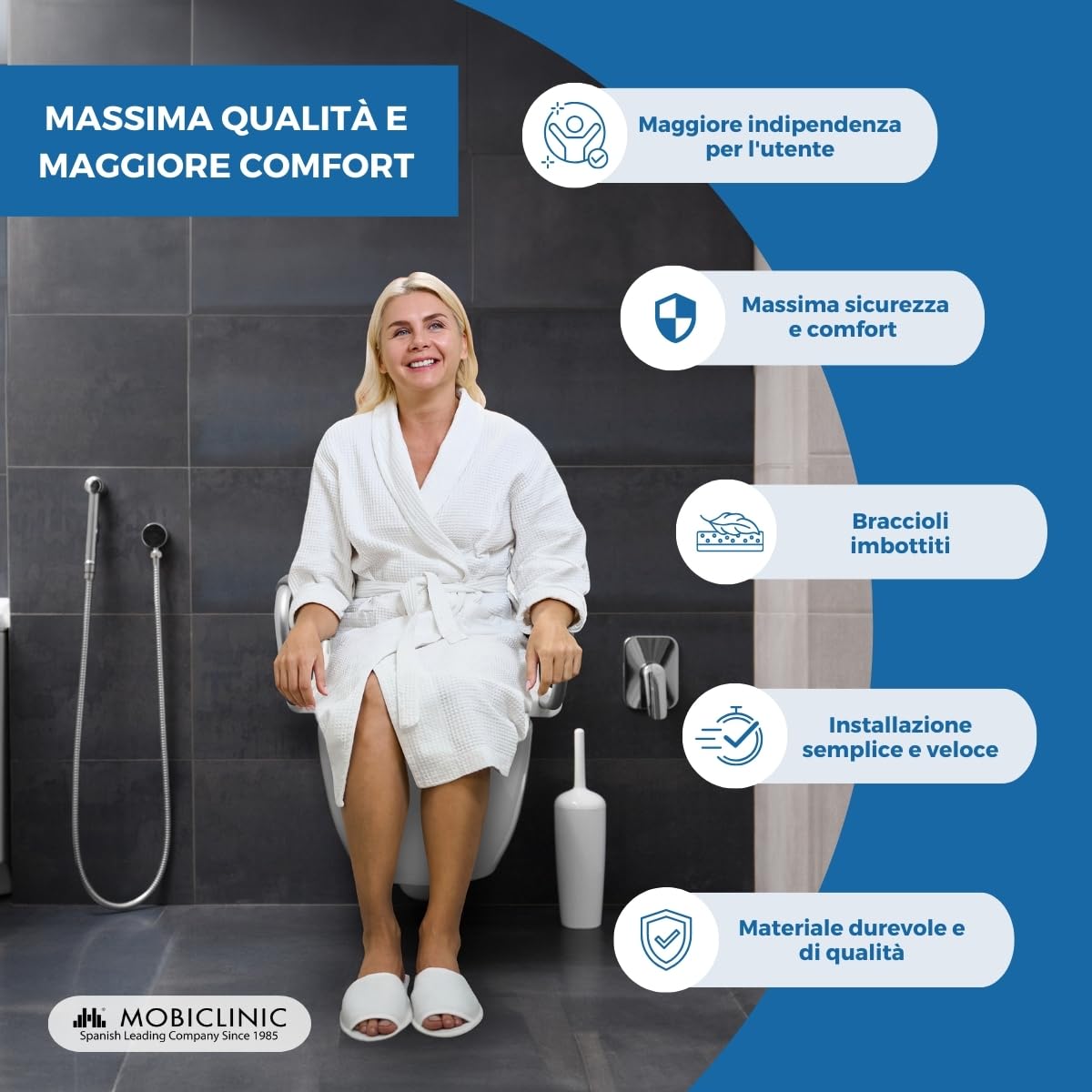 Mobiclinic®, Rialzo wc per anziani, 17cm, Con braccioli pieghevoli imbottiti, Coperchio, Adattabile a ovali, Ergonomico, Leggero, Sicuro, Marchio spagnolo, Modello guadiana