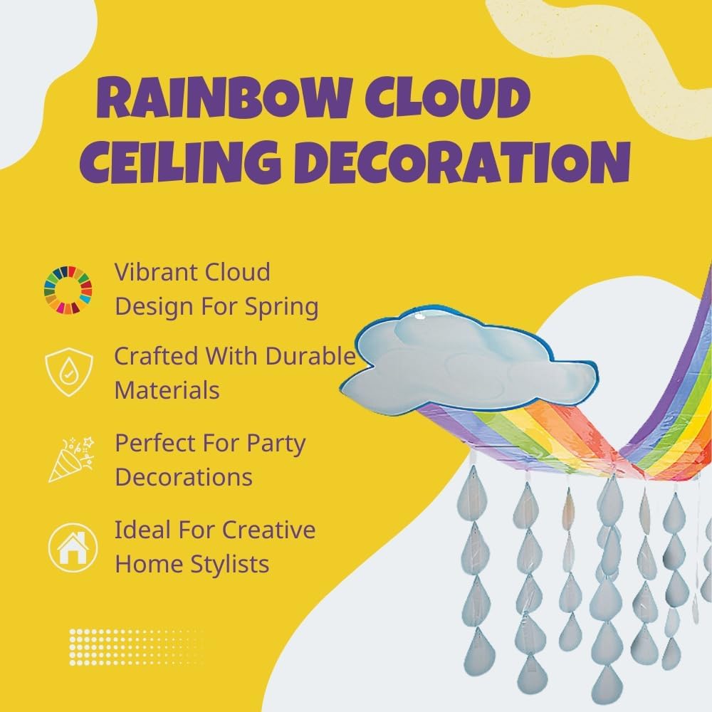 Fun Express Rainbow Cloud & Raindrops Ceiling Hanging Decorations 12 Ft x 32" - Spring Classroom Decor for Party, Daycare & Sunday School | Colorful Paper Decorations for Kids Events