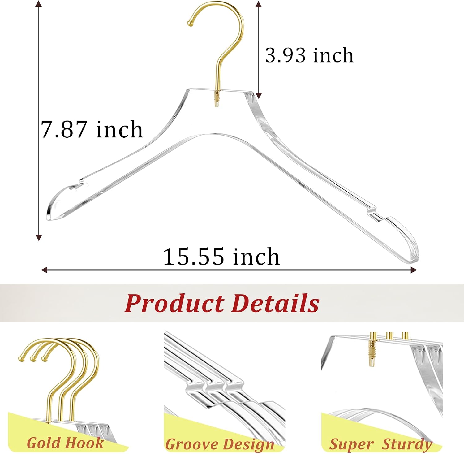 Acrylic Hangers 30 Pack,Clear Crystal Hanger with Gold Hook 15.55 Inch,Premium Luxurious Acrylic Hanger for Suit Coat