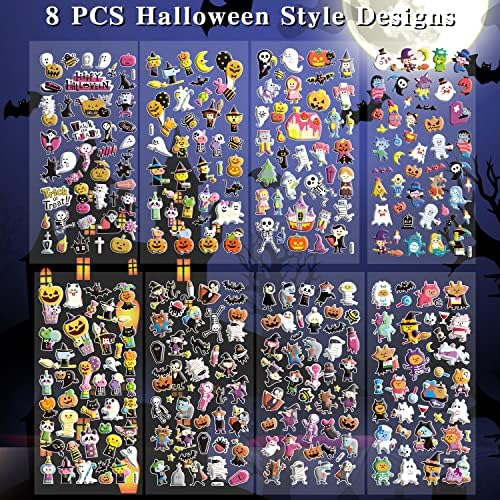 OWill OVER 350PCS Halloween Stickers, 9 Sheets of Puffy Halloween Party Bag Fillers , Vampire Grim Reaper Bat Spider Scarecrow Ghost Stickers for Children