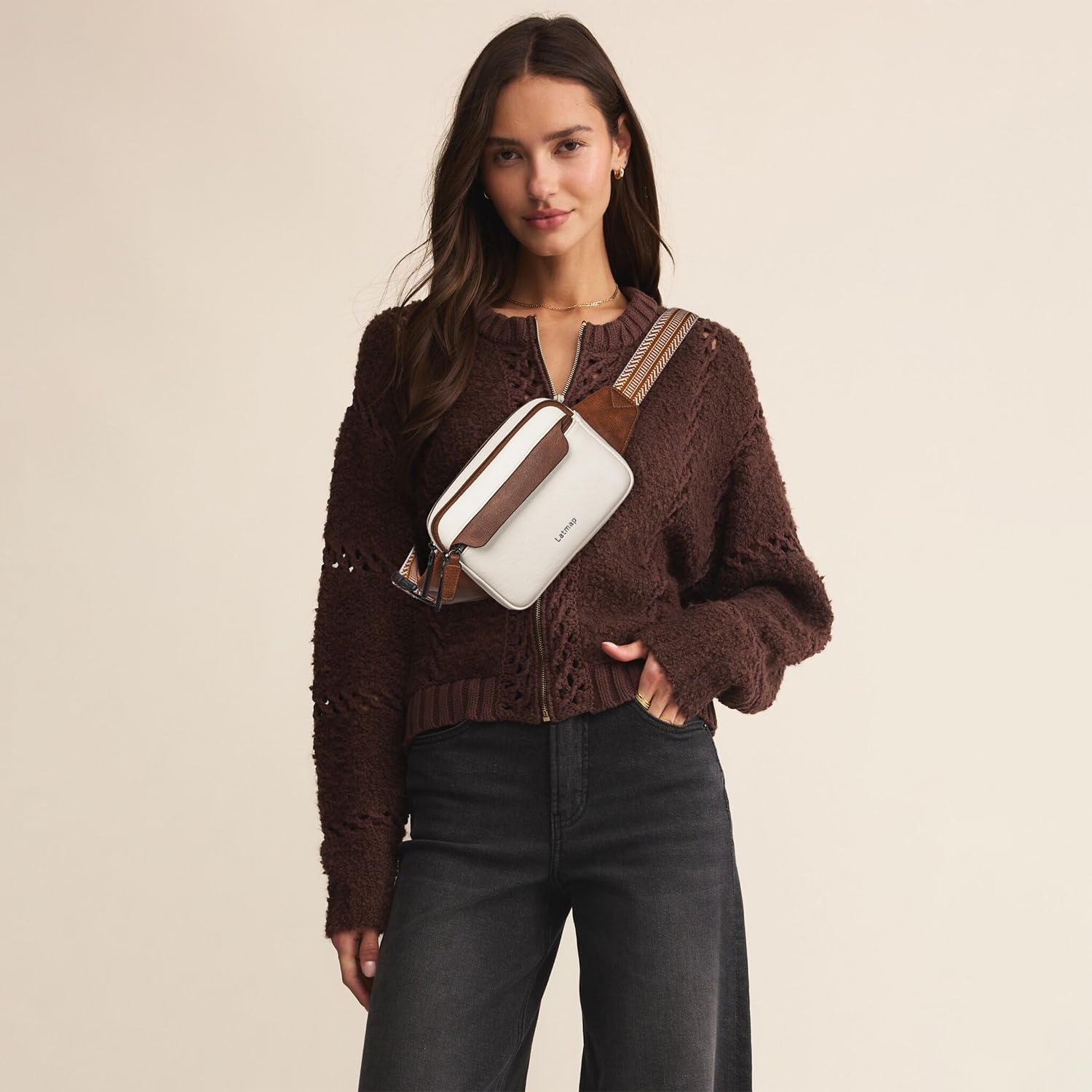 3L Fanny Packs for Women Cross Body Bag Vegan Leather Chest Belt Bag Fashion Waist Pack Small Bum Bag Crossbody for Travel Running Workout, Beige with Brown - Image 2