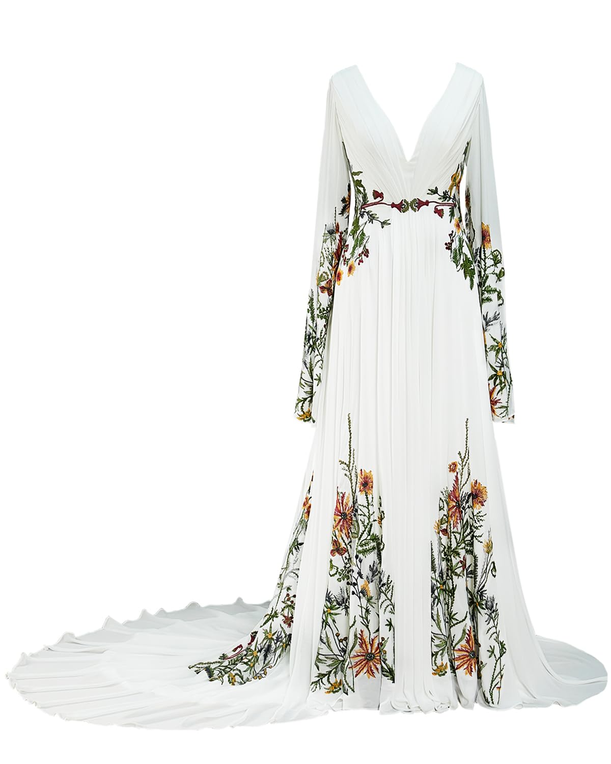 Floral Embroidered Wedding Dresses Boho Bridal Gowns with Long Sleeves