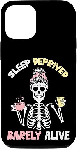 Funda para iPhone 1212 Pro Sleep Deprived Barely Alive Messy Bun Skeleton Halloween