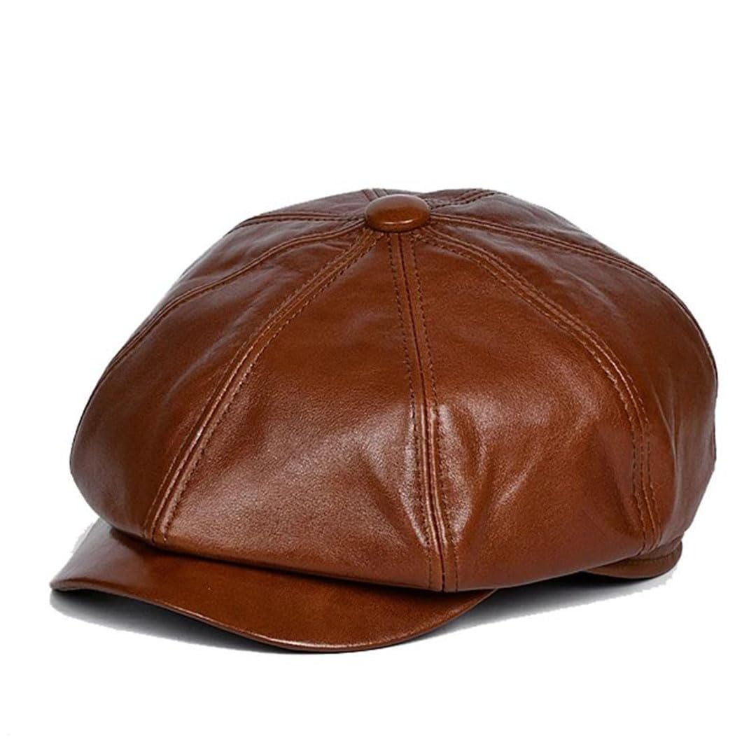 Boina de piel de cordero para hombre, unisex, de piel auténtica, boina británica, color marrón, octogonal