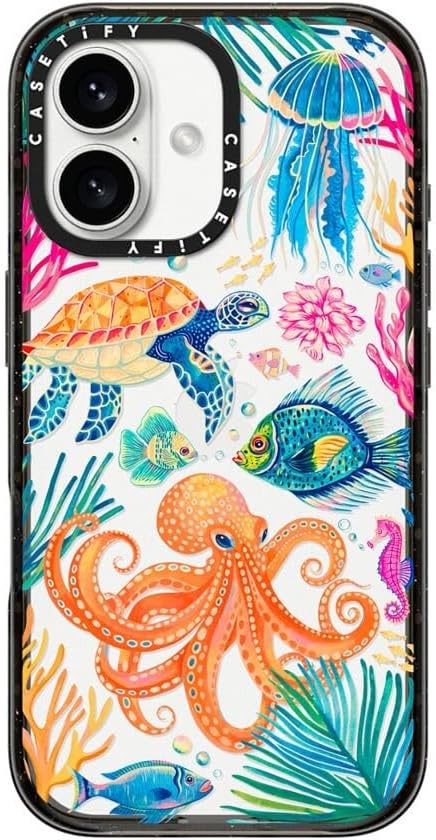 CASETiFY Impact Case for iPhone 16 [Slim / 8.2 ft. 4X Military Grade Drop Protection/Wireless Charging Compatible] - Under The Sea 2 - Clear Black