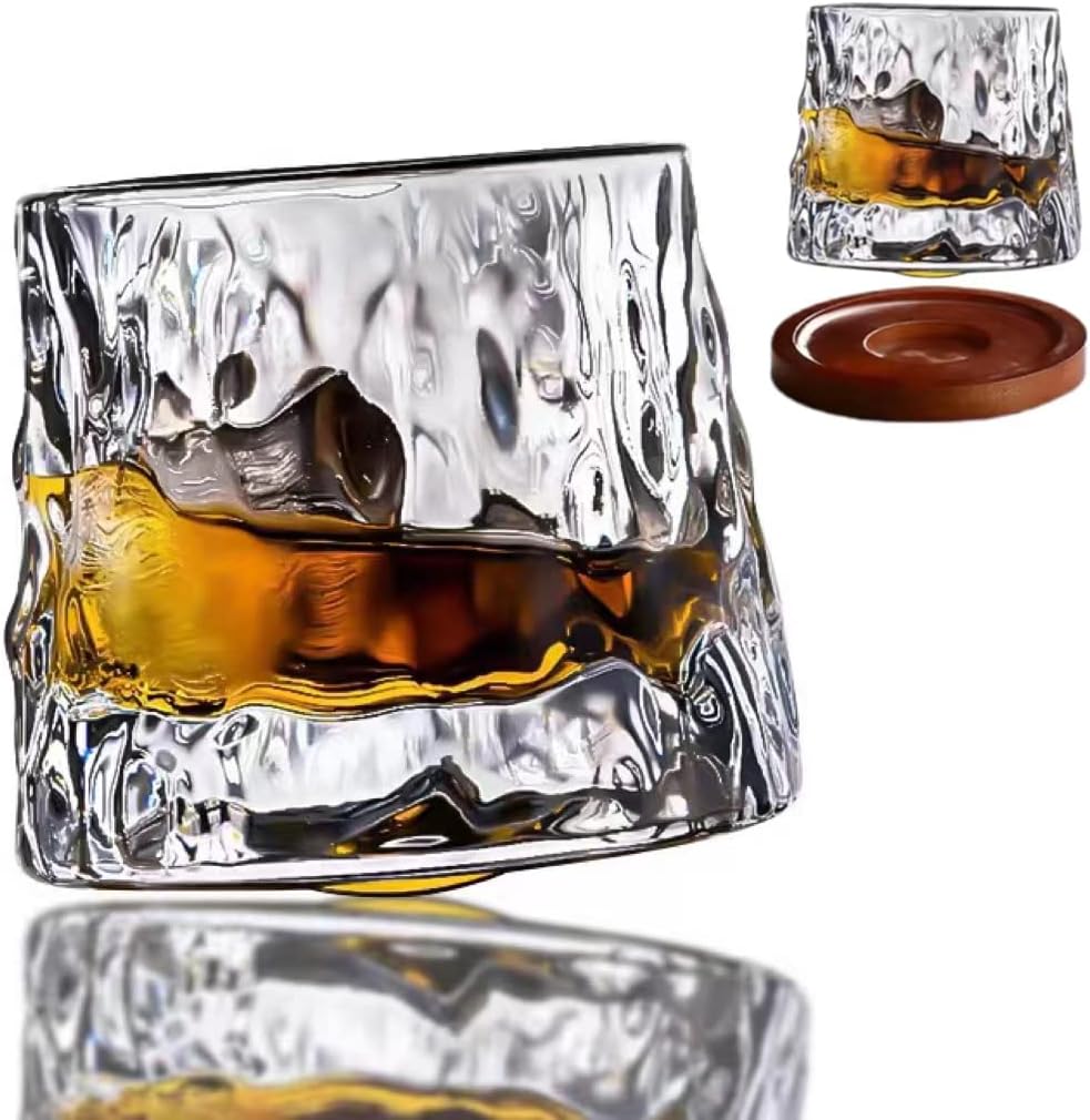 BananaHome 5oz Whiskey Glasses,Rotatable Tumbler Crystal Glass Cups,Drinking Glasses with Creative Walnut Coasters - for Scotch,Bourbon,Cocktails,Personality Wine Glass (ice Rock + Walnut Coaster)