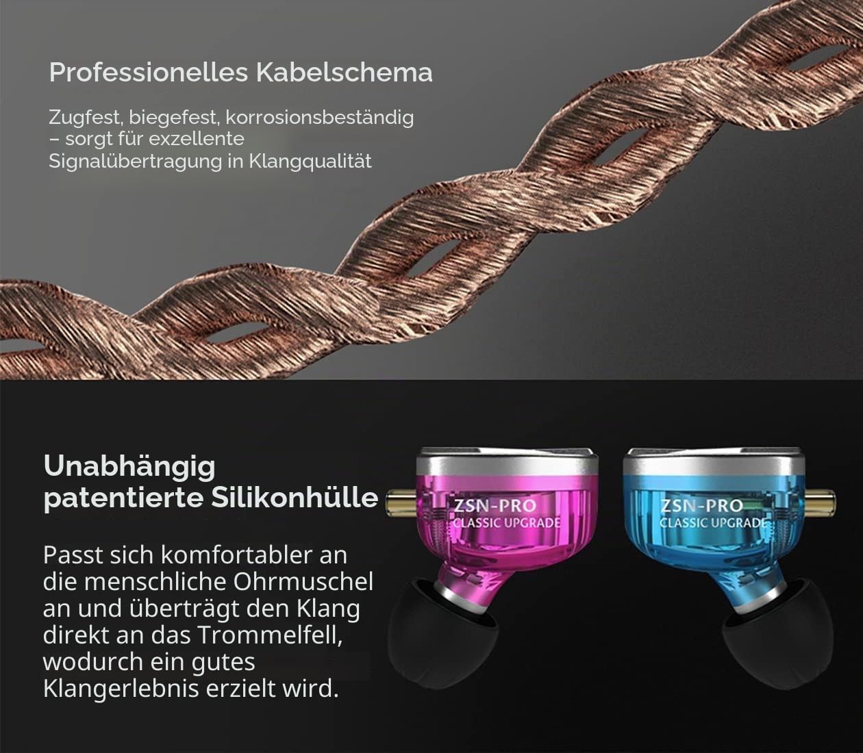 KZ ZSN Pro Dual Drivers 1BA 1DD In-Ear-Kopfhörer HiFi Power Bass Earbuds Kopfhörer Hohe Klarheit Sound Kabelgebundene Kopfhörer mit abnehmbarem Kabel für Audiophile Musiker