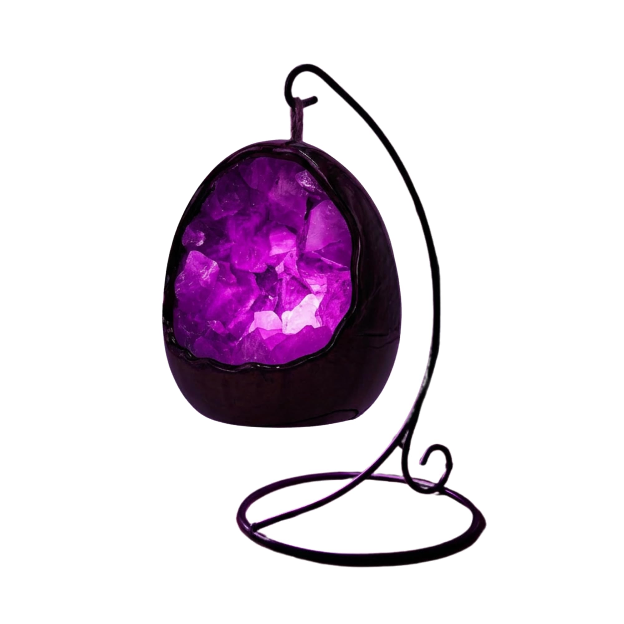Gleneagles LED USB Dinosaur Egg Lamp – Purple Fluorite Crystal Night Light, Natural Quartz Geode Mood Lamp, Bedside Ambient Lighting, Decorative Table Lamp with Metal Stand for Home & Meditation Decor