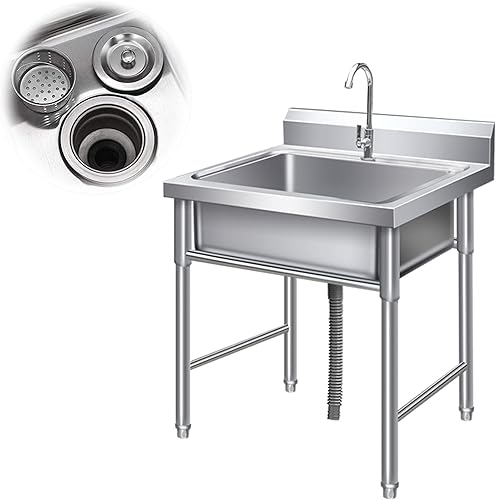 Hyuer Fregaderos de cocina de acero inoxidable no magnético para exteriores, lavabo de mano de un solo cuenco, 1 compartimento de 19 x 19 x 31