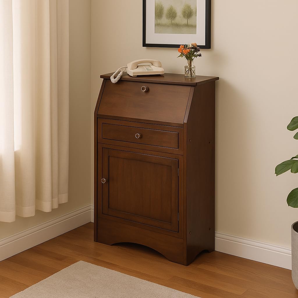 Ergode Versatile Secretary Desk with Fold-Down Table, Storage Cabinet, and Shelves in Walnut Finish - 38.5" H x 25.1" W x 11.9" D