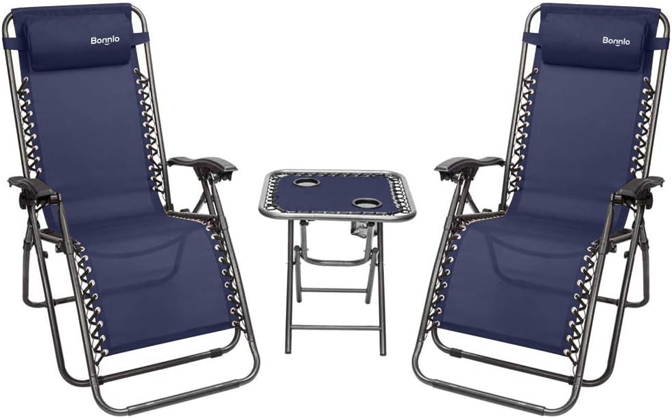 Bonnlo Zero Gravity Chair Set of 2 with Side Table, Reclining Outdoor Chair Patio Folding Lounge Chair Foldable Chairs Outdoor Recliner (Blue)