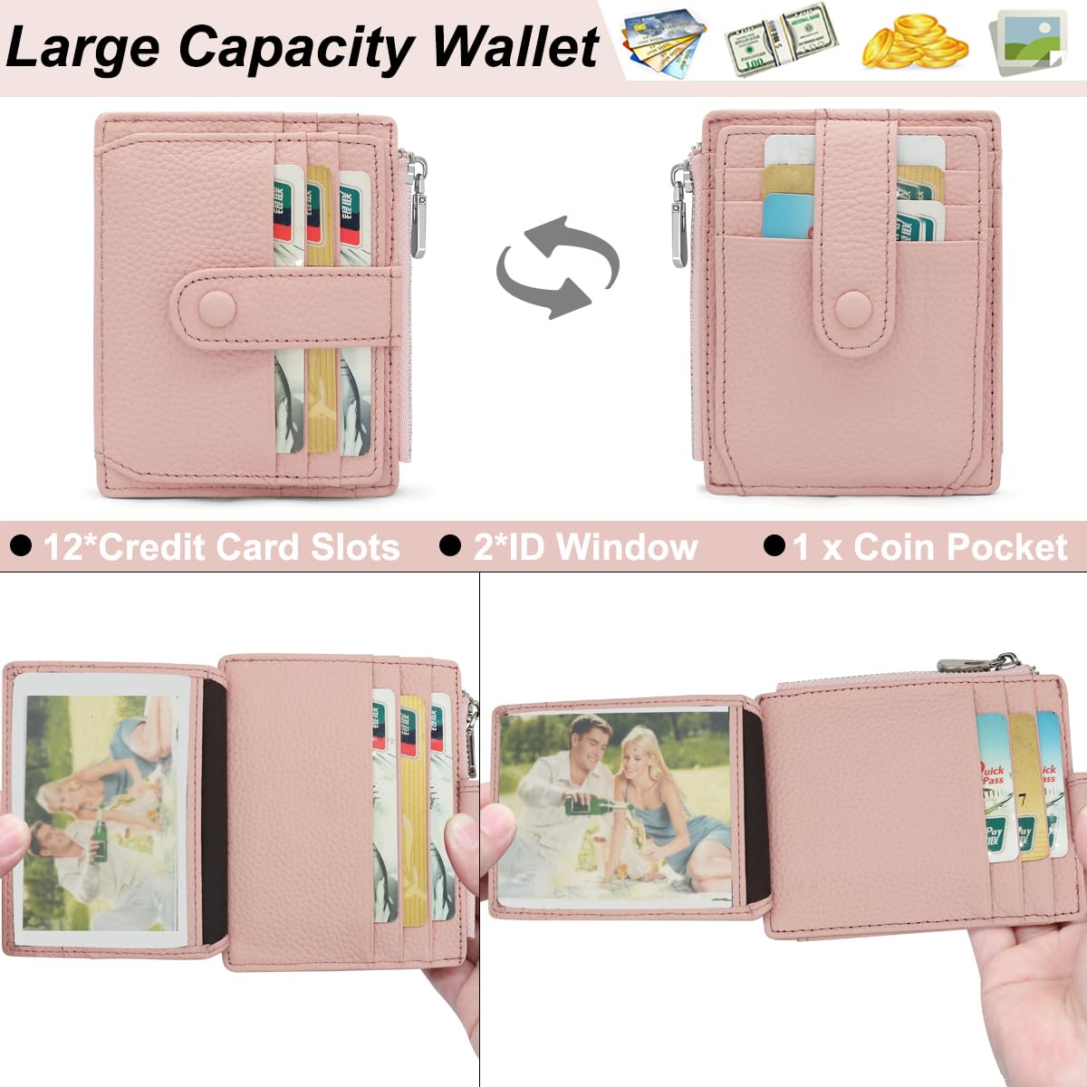 REETEE Porte Carte de Crédit Cuir Véritable Homme Femme RFID Blocage Portefeuille Cuir Petit Porte Carte Slim avec Poche à Monnaie, Porte Feuille avec 14 Emplacements et Petit Porte Monnaie (Rose)