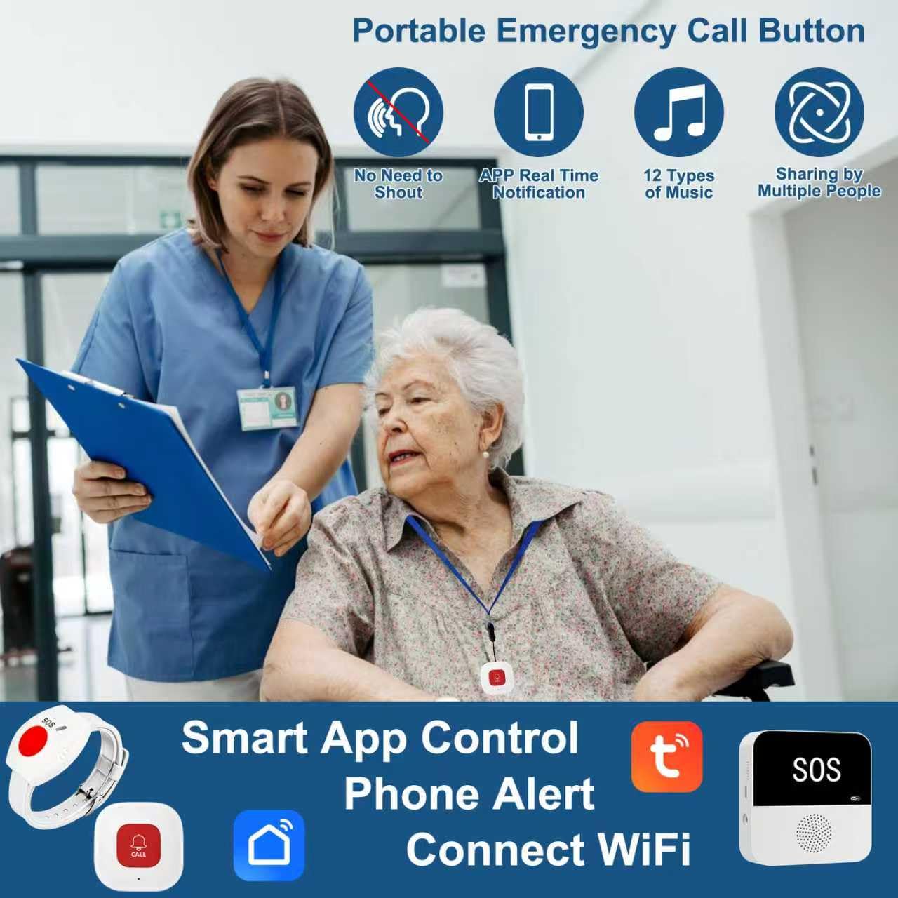 Boton Emergencia Ancianos,Avisador Personas Mayores,WIFI Boton Llamada Emergencia para Pacientes/ Ancianos/ Niños/ Mujeres embarazadas (2 botones de llamada SOS 1 receptor)