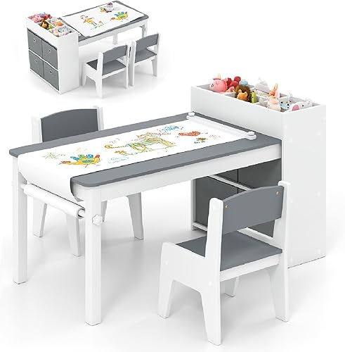 INFANS Juego de mesa y silla de arte 2 en 1 para niños, escritorio de actividades de madera con 2 sillas de almacenamiento, contenedores de lona,