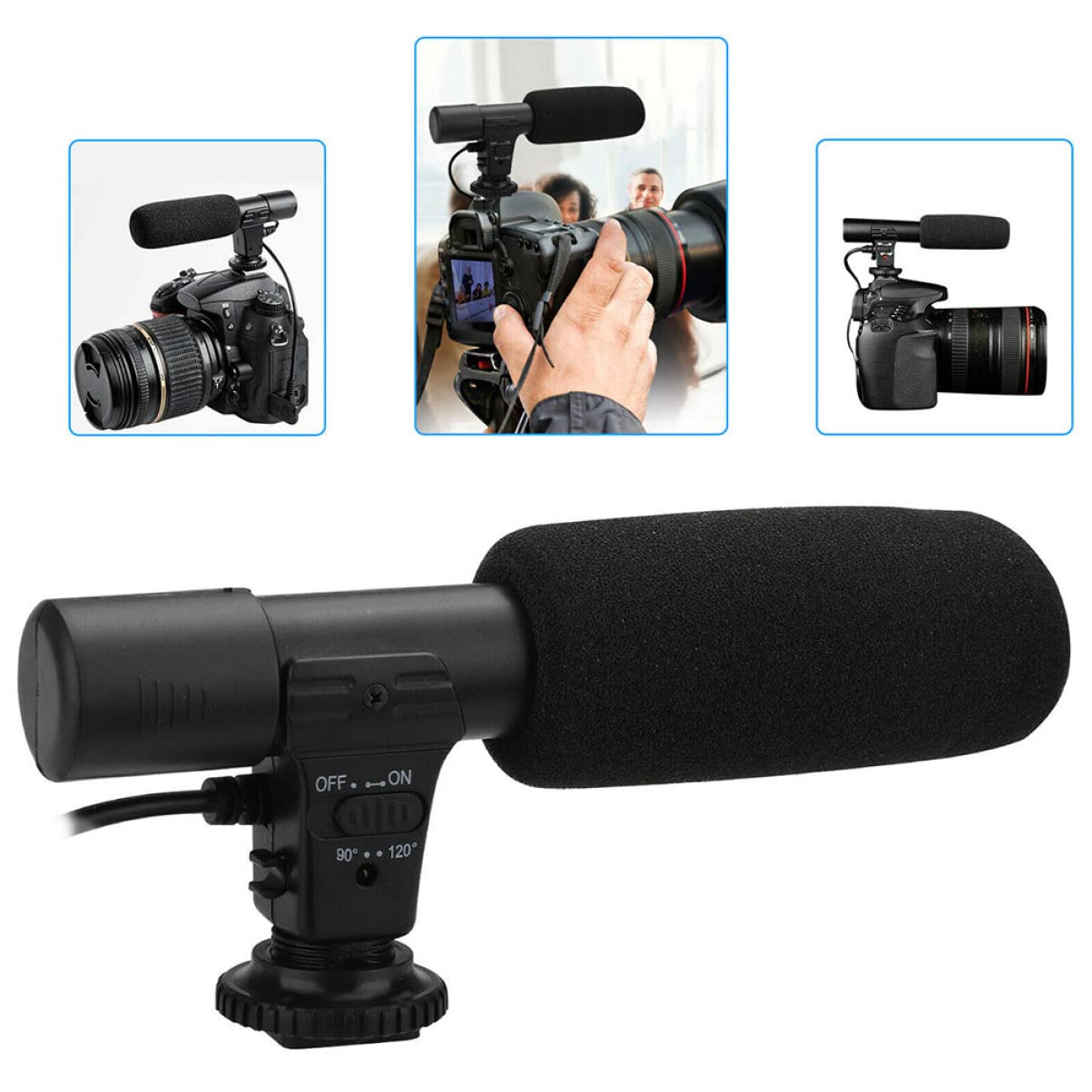 TEHAUX Micrófono de Cámara DSLR Negro Abs para Entrevistas y Vídeo | Zapato Estándar, Captura Estéreo de Alta Sensibilidad, Ángulo 90/120 Grados, Compatibilidad Amplia Teléfono y Camcorder