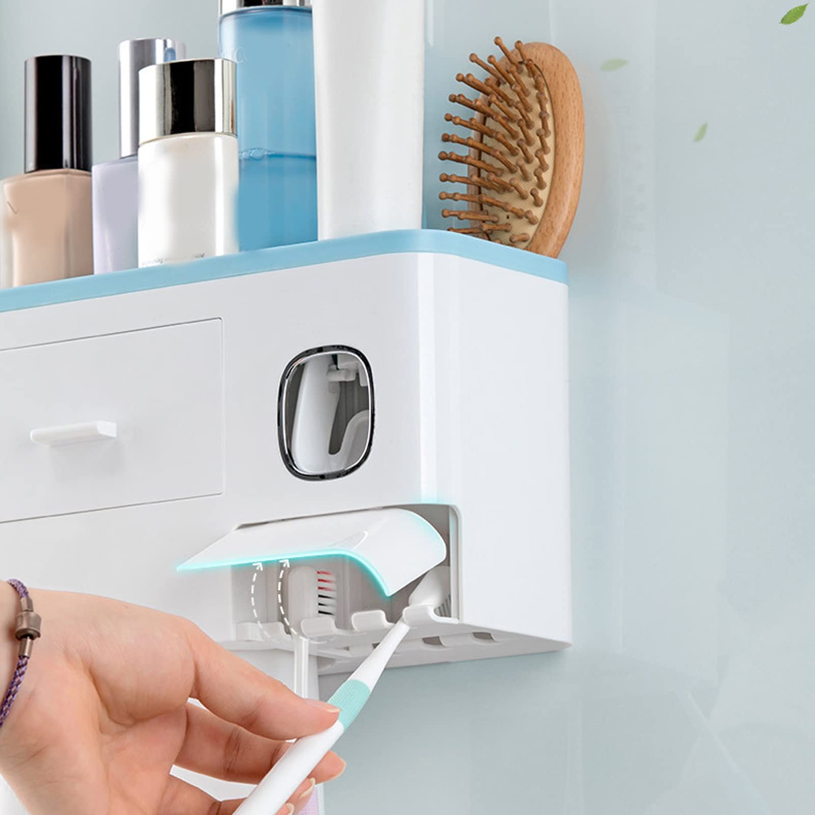 Wandmontierte Zahnbürstenhalter, Zahnbürsten-Organizer mit automatischem Zahnpasta-Quetscher-Spender für Badezimmer (DREI Tassen, Blau)