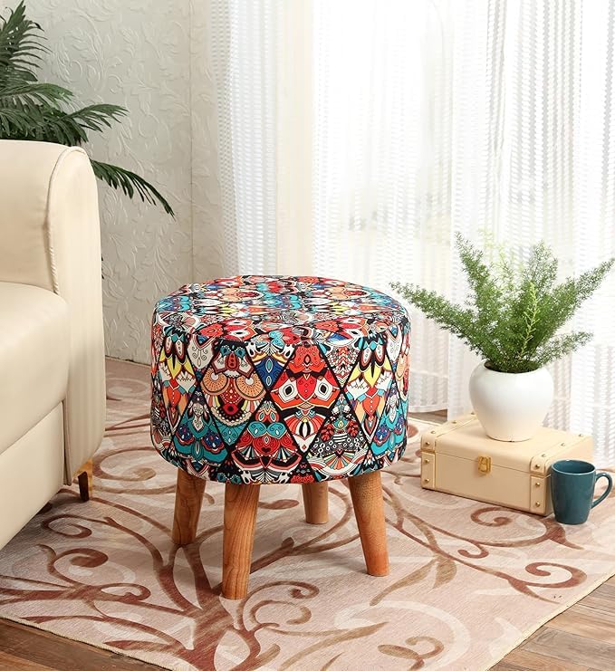 Image of NACIA Printed Sitting Ottoman Stool (16X16X17 Inches) for Living Room, Bedroom | Wooden Pouffes for Sitting & Footrest | Puffy Foot Stool Furniture for Home Decor, (Multicross)