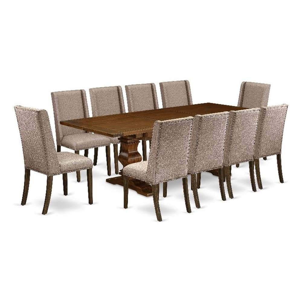 East West Furniture LAFL11-87-16 11 Piece Dinette Set Includes a Rectangle Dining Table with Removable Leaf and 10 Dark Khaki Linen Fabric Parson Dining Chairs, 42x92 Inch, Walnut