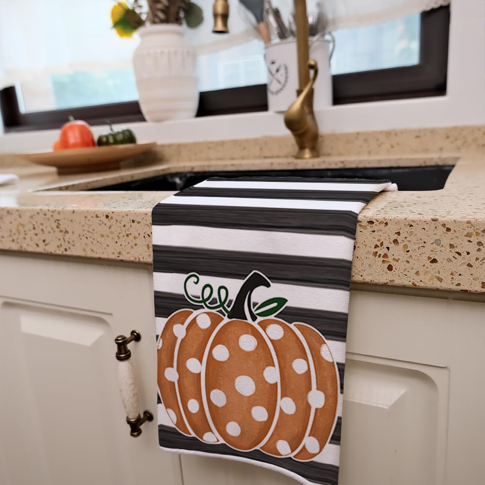 ARKENY Fall Kitchen Towels Set Of 2 - Orange Pumpkin Polka Dot Design - Absorbent Microfiber Dish Towels For Autumn & Thanksgiving Decor