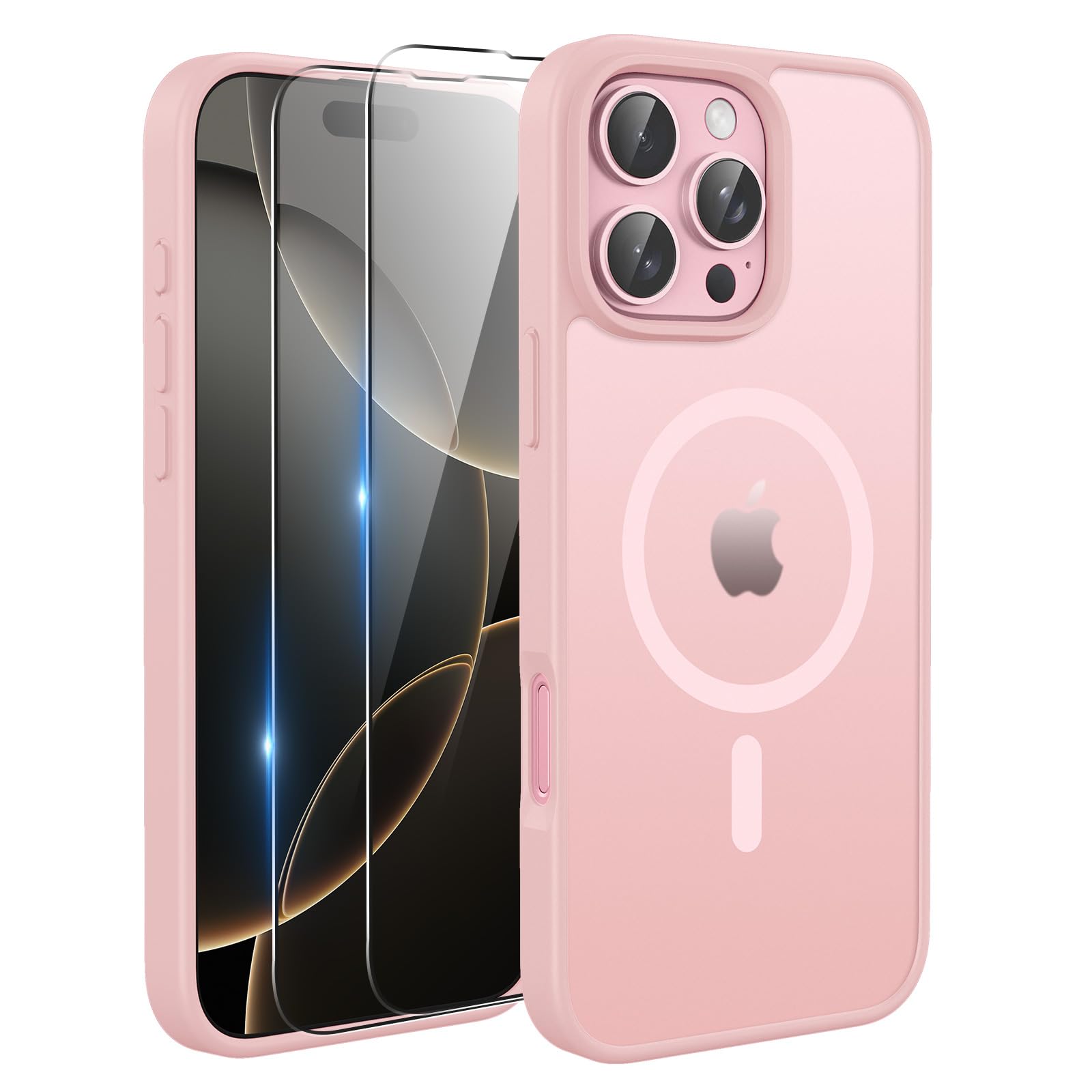 TQIAHF Cover Custodia Magnetica per iPhone 16 Pro, Rosa | 2 Pellicola Vetro Temperato Protezione Schermo Compatibile con Magsafe Militare Antiurto Sottile Opaca Telefono Case