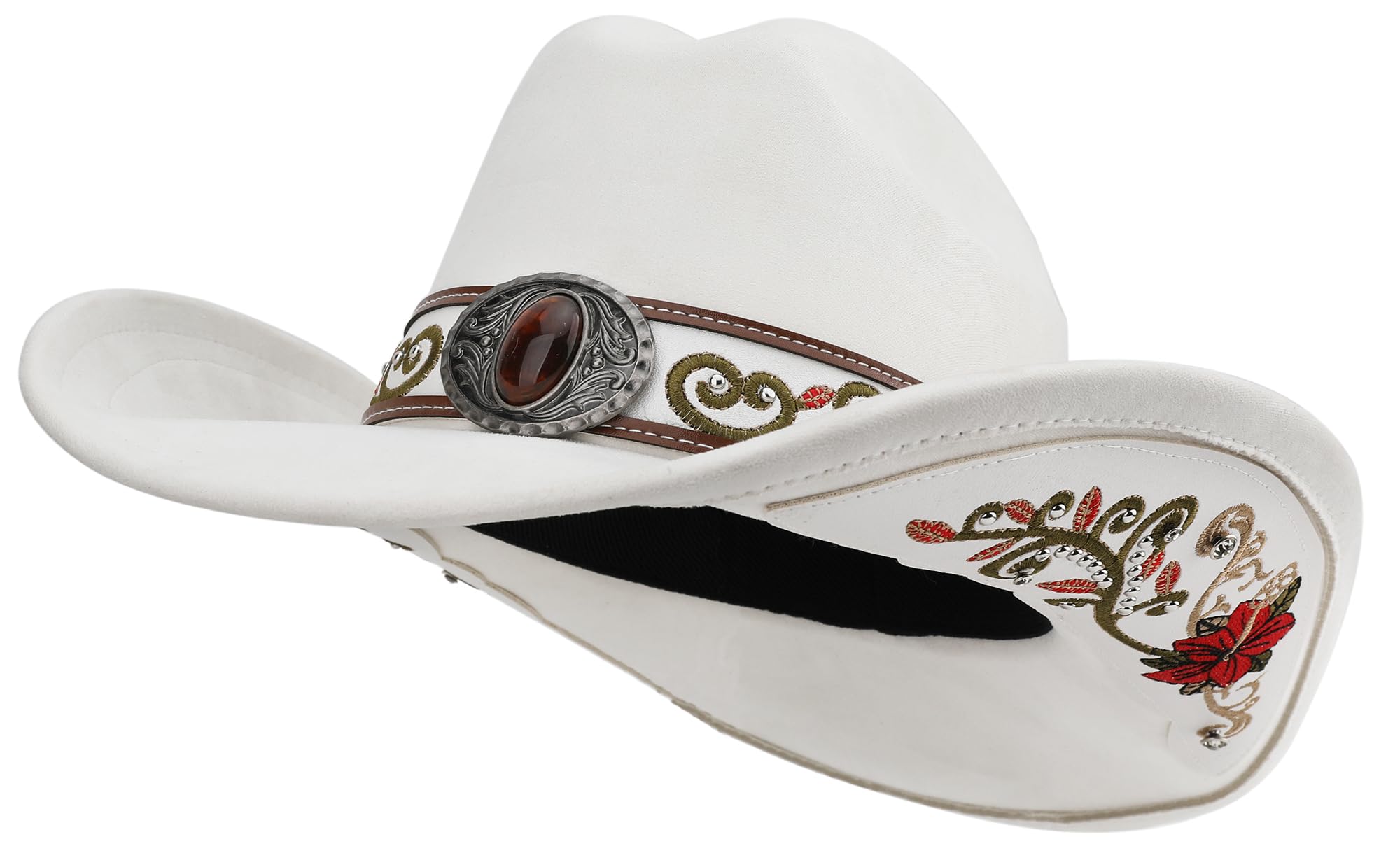 Melesh Western Cowboy Hat for Men and Women, Shapeable Big Wide Brim Cowgirl Hat with Embroidery (US, Alpha, Large, Ivory)
