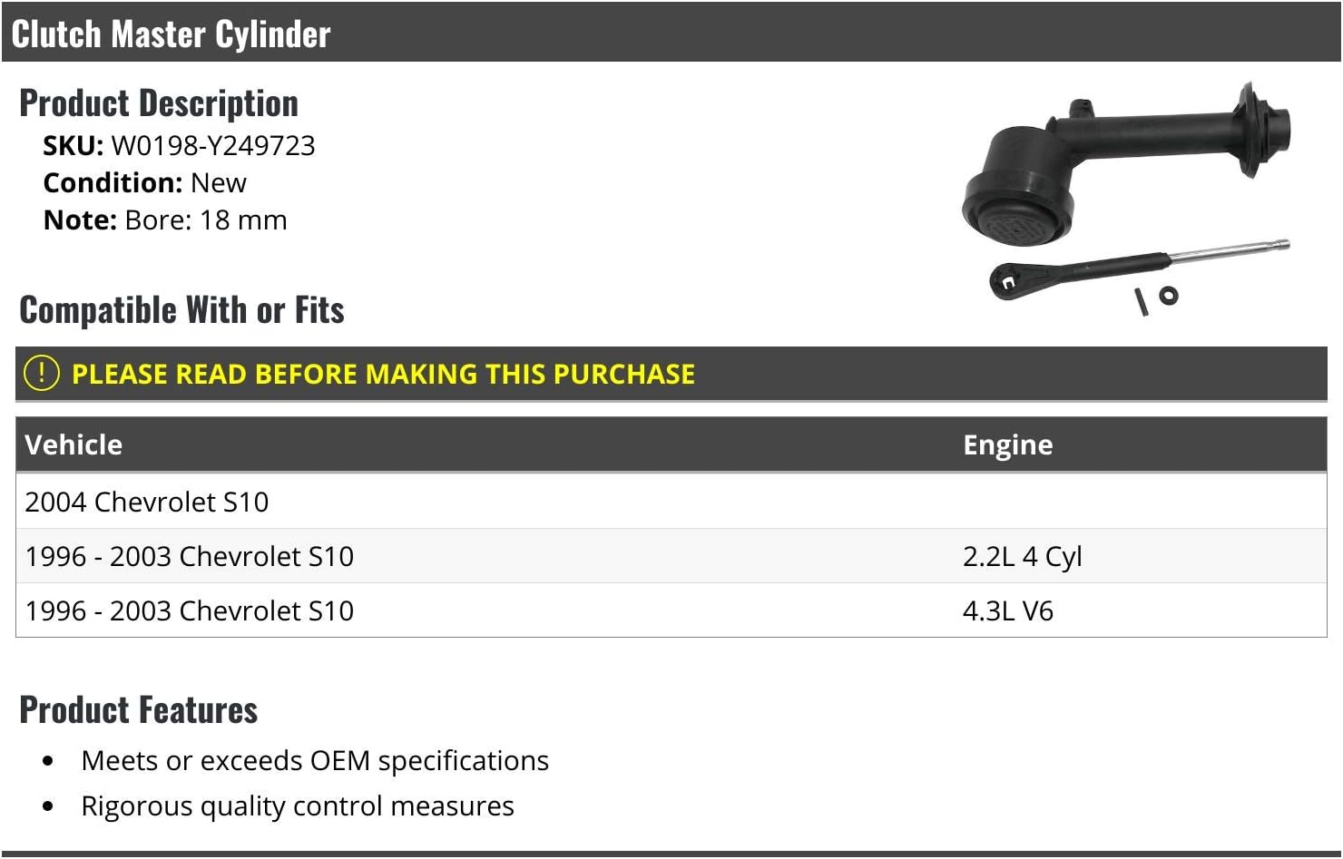 Marketplace Auto Parts Clutch Master Cylinder - 18mm - Compatible with 1996-2004 Chevy S10