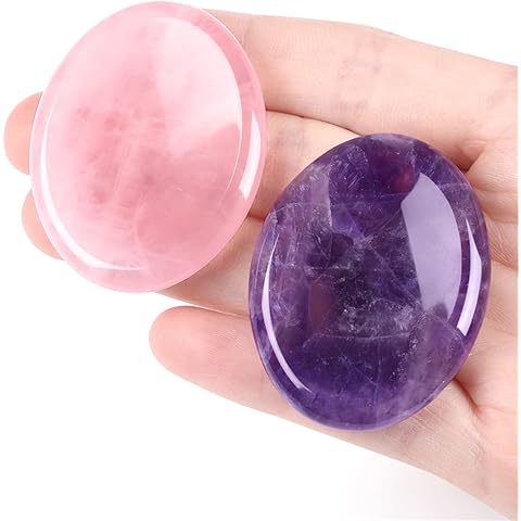 Thumb Worry Stones for Anxiety Healing Crystals Set 2PCS Natural Amethyst Rose Quartz Crystal Hand Carved Pocket Palm Stone Gemstones Reiki Meditation Witchy Spiritual Stress Relief Gifts for Women