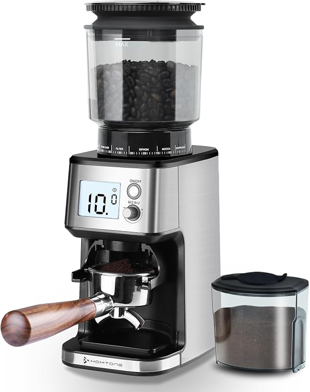 Homtone Elektromos Kávéőrlő 51 Fokozatú Őrlési Beállítással, Nagy Kijelzővel, Portafilter és Tartály Funkcióval Filteres Kávé Espresso Frenc