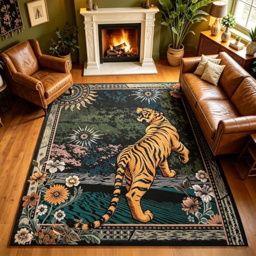 Yinhua Tiger Rug 5x7, Boho Washable Living Room Rug Non Slip, Vintage Soft Animal Floor Carpet, Low Pile Bohemian Area Rugs for Bedroom Dining Room Office Home Decor