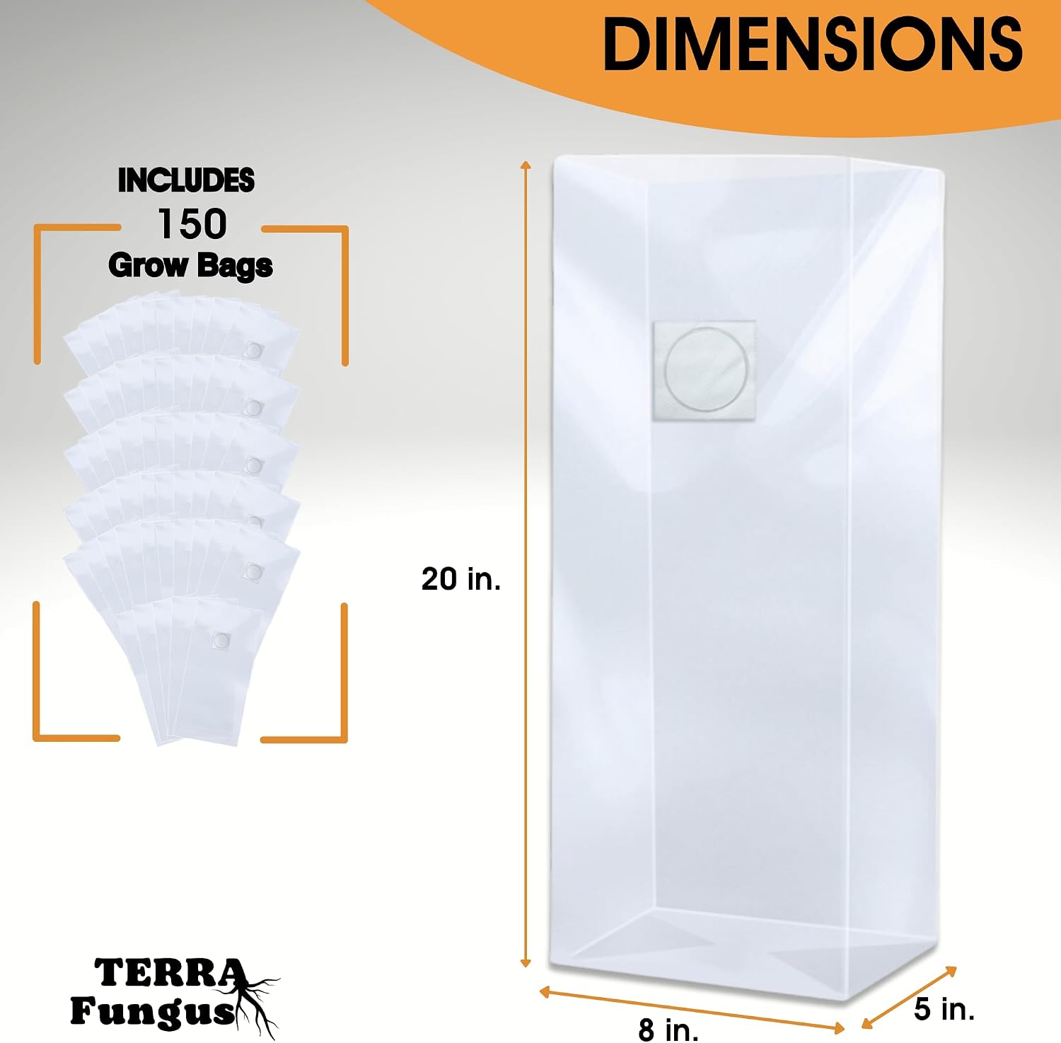 Mushroom Grow Bags 8"x5"x20", 150 Units | 8Mil Thick, Tear Resistant, Autoclave Bags, Filter Patch, Unicorn Bags