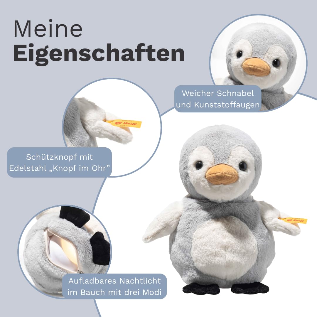 Steiff Kuscheltier mit Nachtlicht Lio Pinguin, Süßes Stofftier mit Kunststoffaugen, Kinder, Jungen & Mädchen, Friends, 22 cm, Hellgrau, 242847