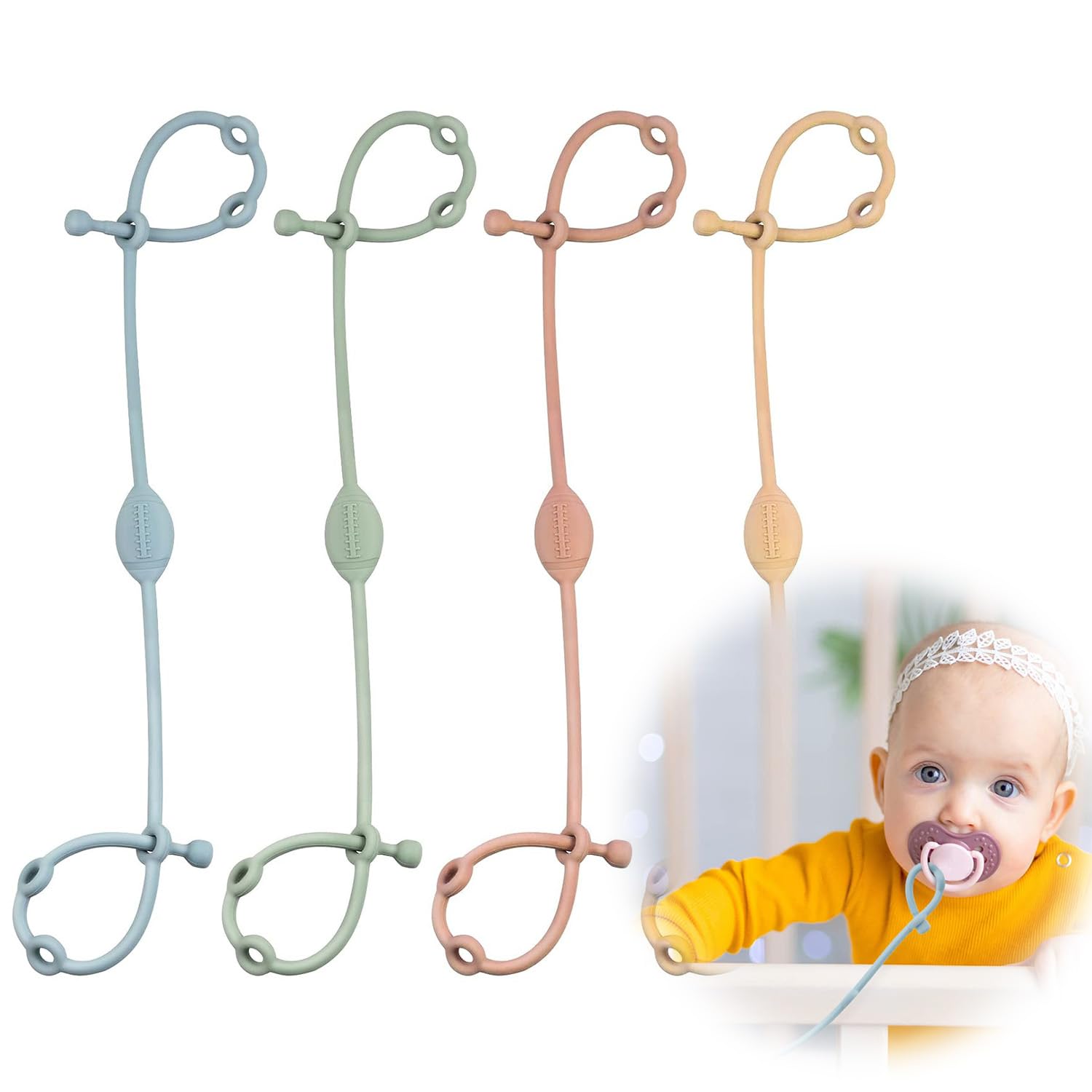 SYOSI Toy Safety Straps, Stroller Straps, Adjustable Silicone Pacifier Strap, Stretchable Baby Toddler Toy Bottle Teether Harness Straps Sippy Cup Strap for Strollers, High Chair, Cribs (4 Pack)