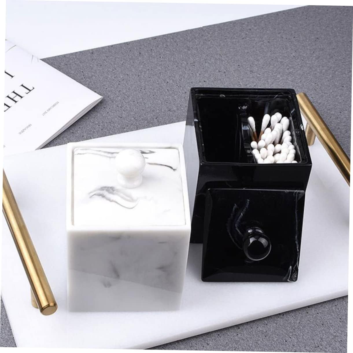 2pcs Double Grids Resin Marble Grain Pattern Cotton Swab Storage Box Makeup Cotton Holder Lid for Home