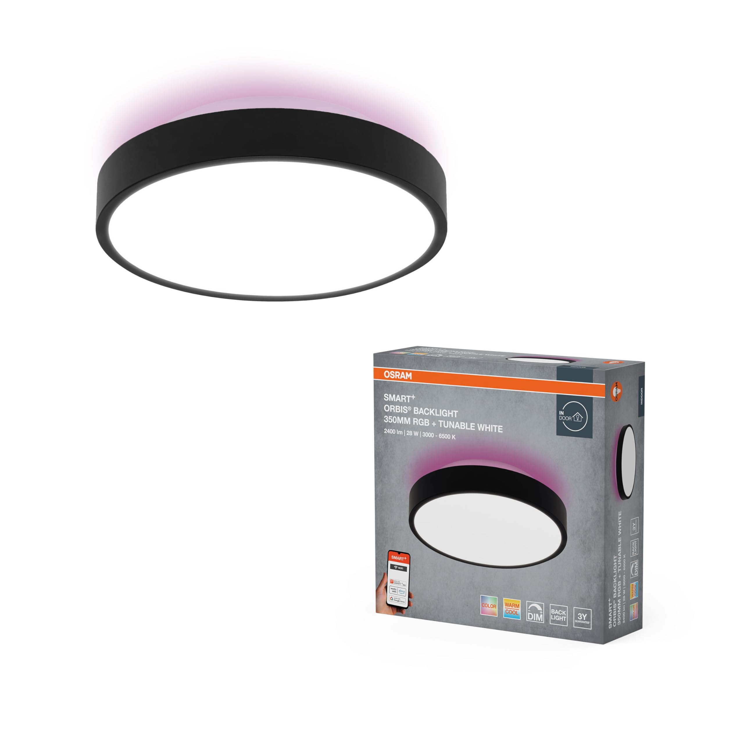 OSRAM SMART+ WiFi Orbis Backlight LED kinkiet 350mm, 28W, 1400lm, TW 3000-6500K, RGB, Alexa, Czarny