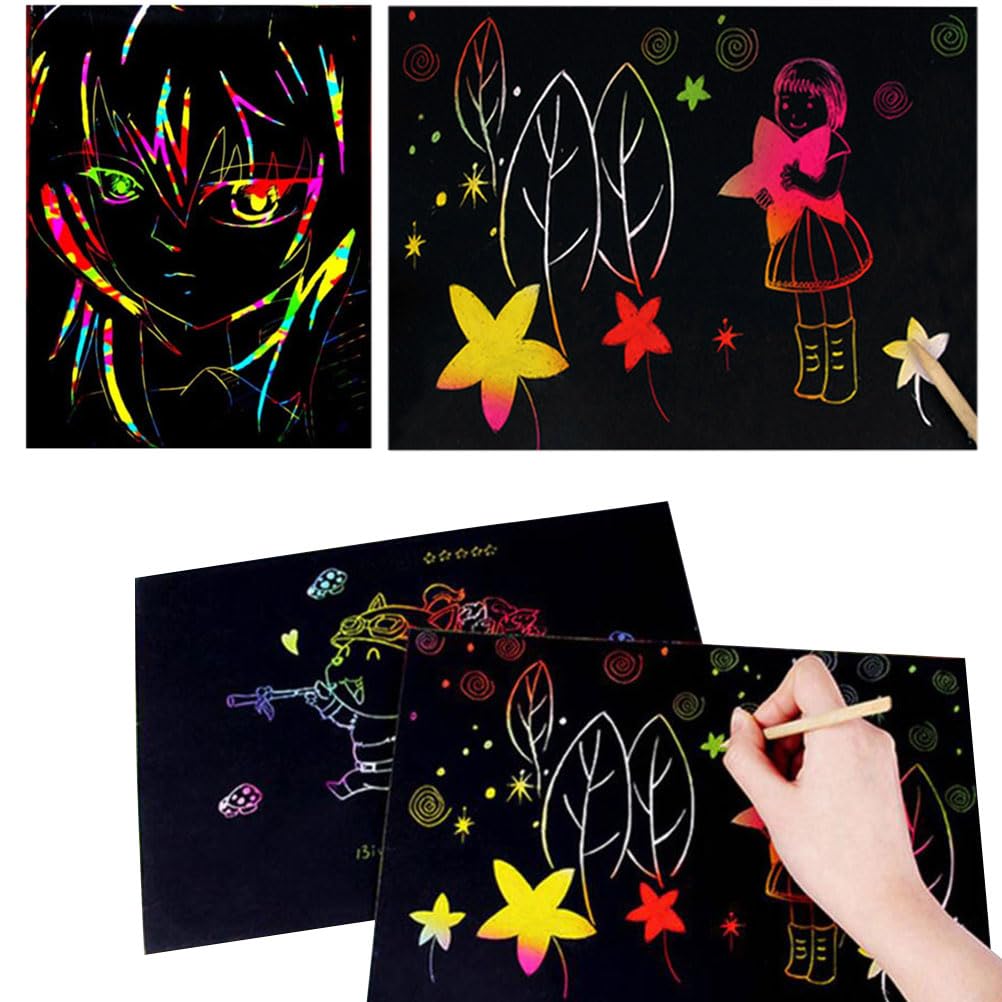100 Feuilles de Dessin à Gratter Scratch Art Paper, Artisanat, 4 Modèles de Dessin et 10 Crayons en Bois, Couleurs Arc-en-Ciel