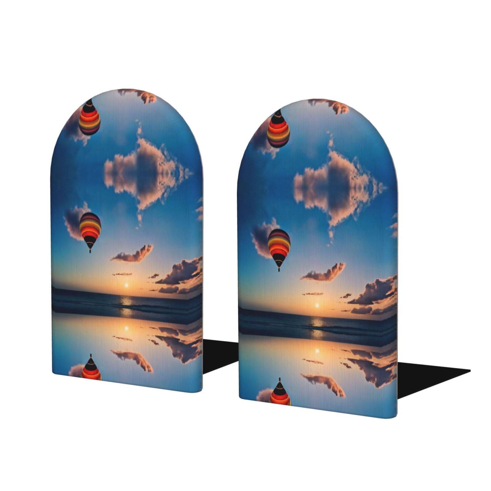 Hot Air Balloon Sunset Stylish Bookends with Full-Print Design Durable Wooden and Metal Bookend Set for Home, Office