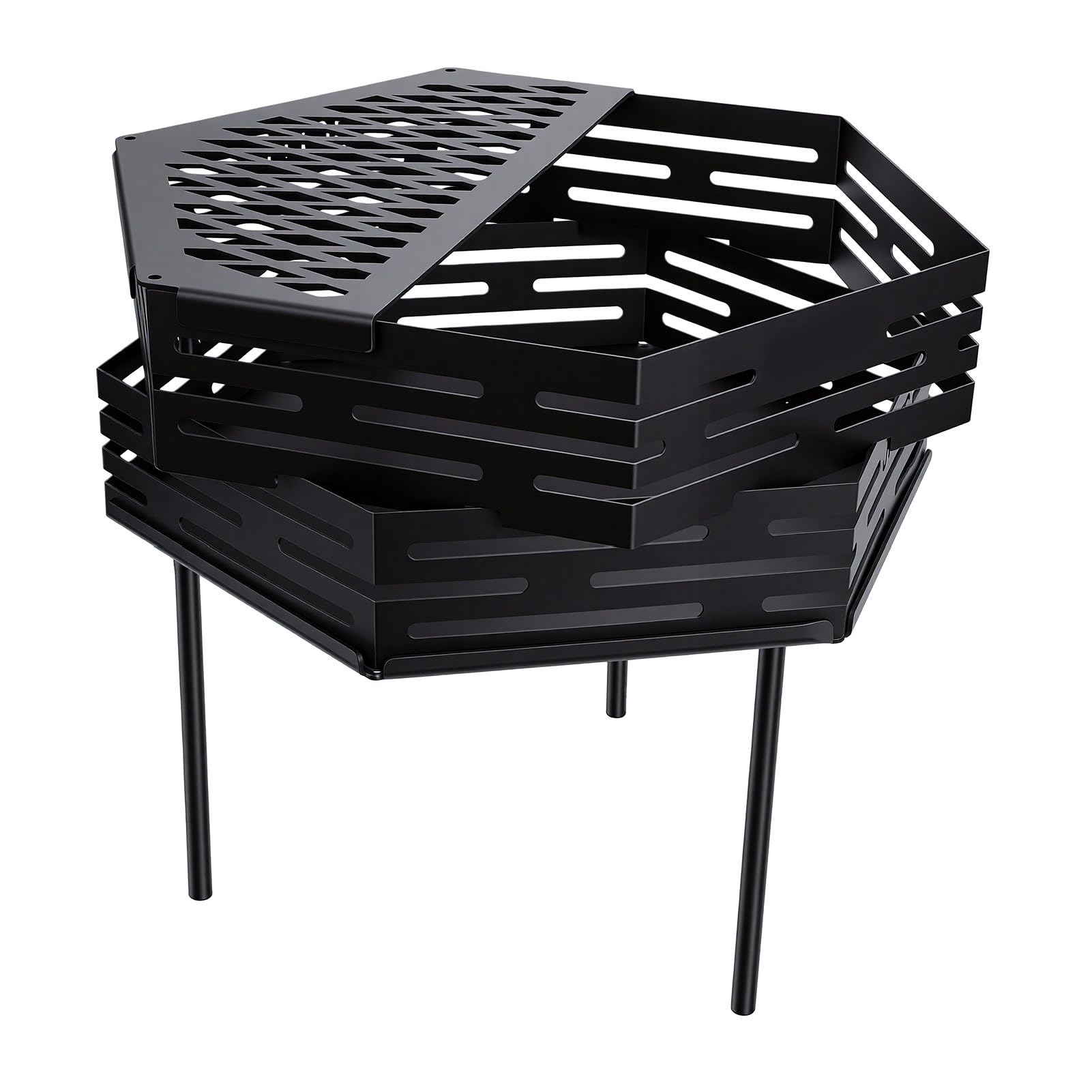 Alomejor Braciere con Griglia Braciere a Legna da Esterno Esagonale Portatile per Campeggio e Cortile 18,39x16,54 Pollici Acciaio Al Carbonio