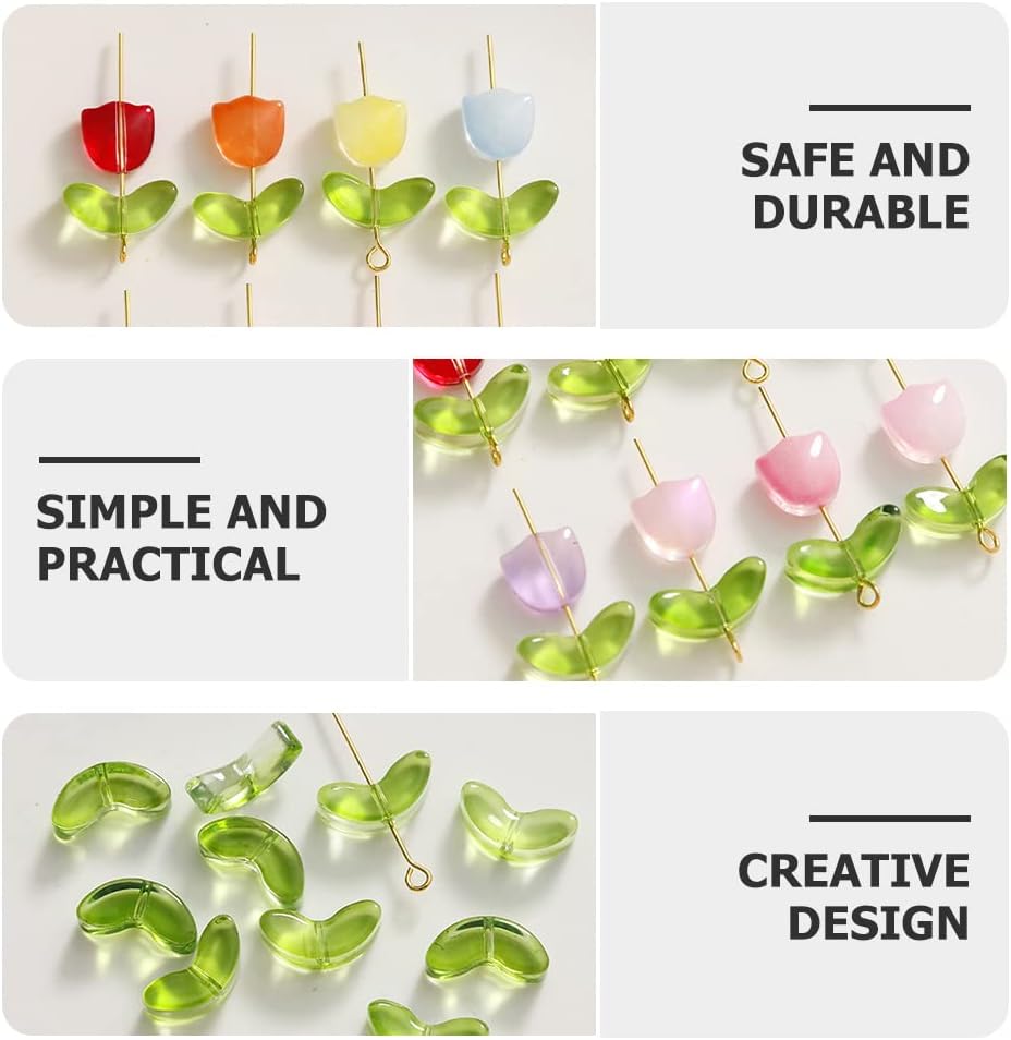 LOGOFUN 200 Pcs Tulip Flower Beads Glass Translucent Bracelet Beads Colorful Handcrafted Crystal Loose Glass Beads for DIY Jewelry Making Mothers Day Gifts (Without Needle) (Pack of 2)
