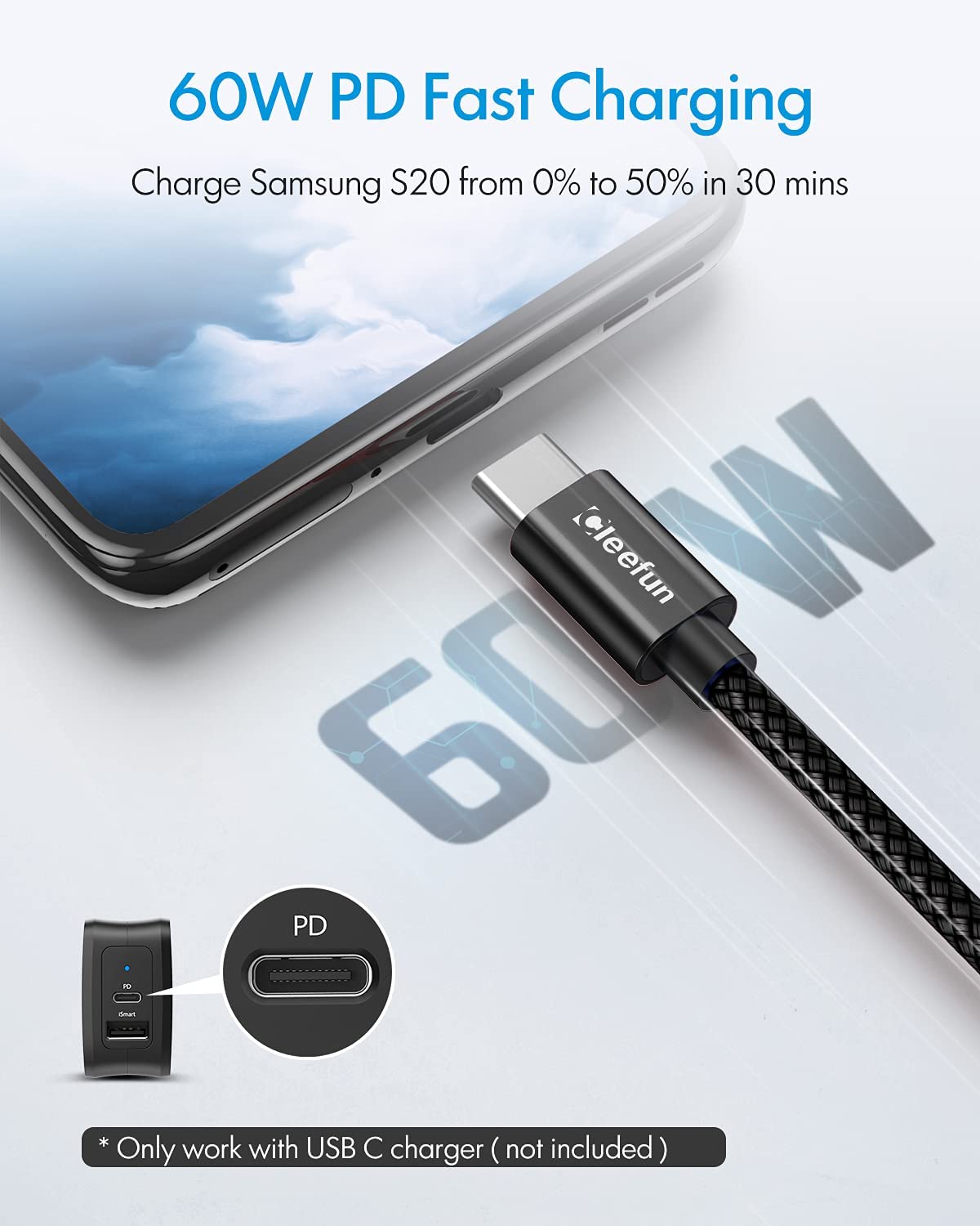 CLEEFUN Cavo da USB C a USB C 10m, USB 2.0 60W (20V/3A) Ricarica Rapida USB Tipo C Cavo per Samsung Galaxy S23 S22 S21 S20, iPadPro/Air, MacbookPro/Air, Google Pixel 7/7 Pro/6/6a