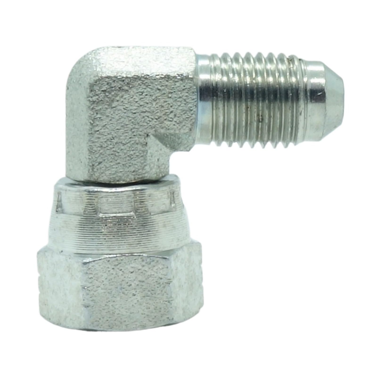 1 Piece Steel JIC Flare Tube Fitting, 90 Degree Elbow, 1/4" Male JIC (7/16" - 20) x 1/4" Female JIC (7/16" - 20) Swivel Tube OD
