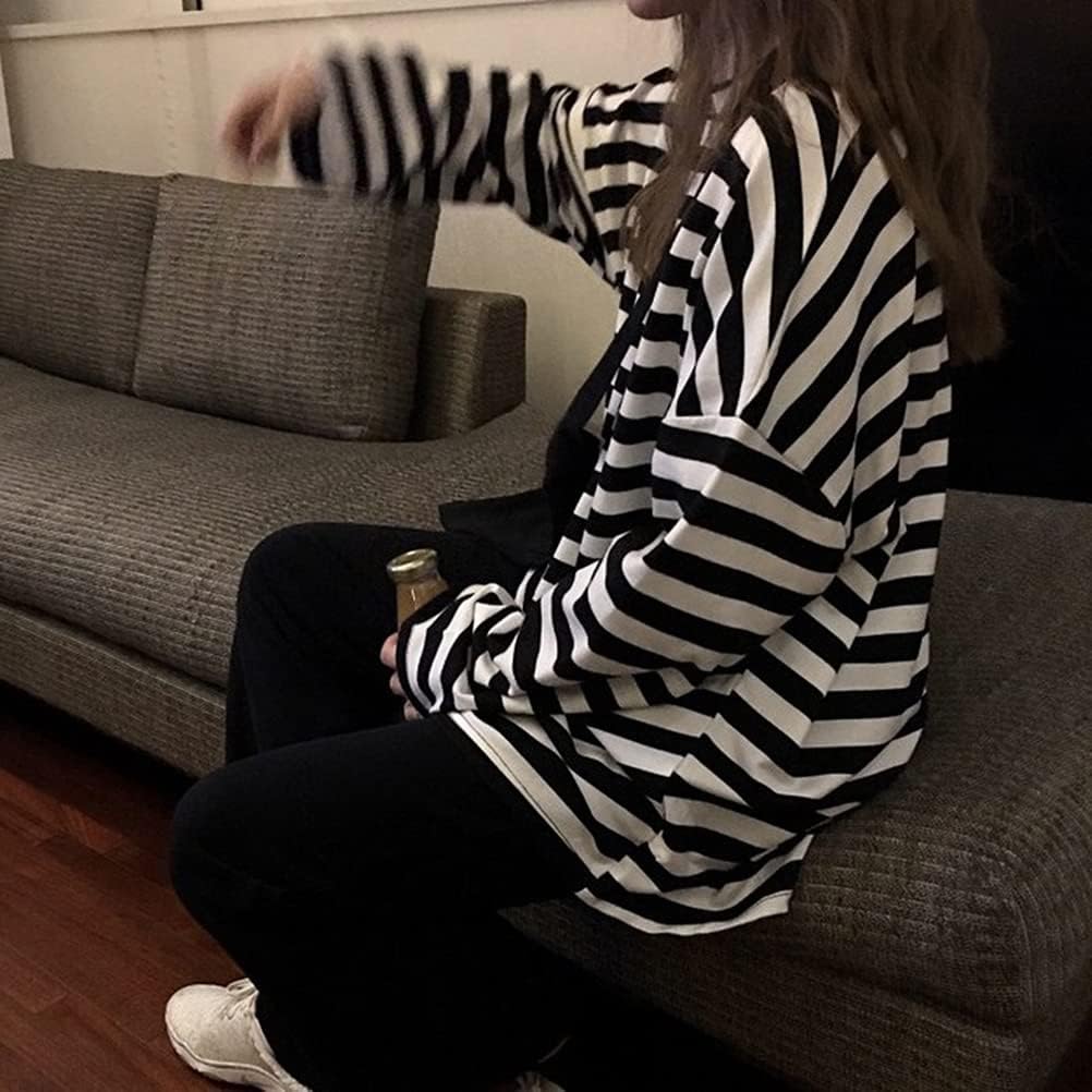 Women Harajuku Oversized Stripe Casual Long Sleeves Crewneck T-Shirt Tee Tops - Image 5