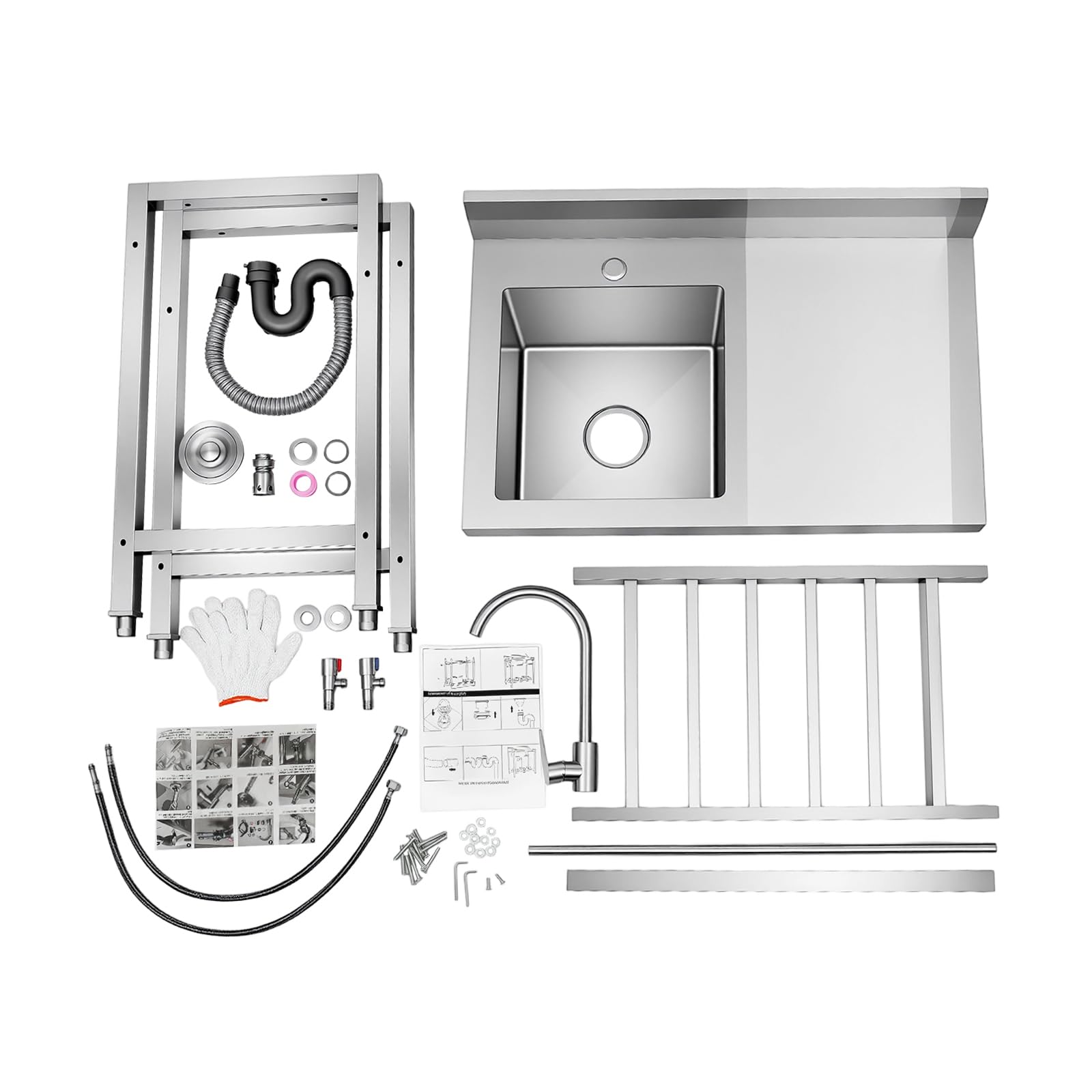 Évier Cuisine sur Pied Évier,Inox Autonome Professionnel avec Robinet Pivotant 360° Étagère et Dosseret Anti-Éclaboussures, Grande Capacité 100kg pour Jardin Garage Restaurant Camping