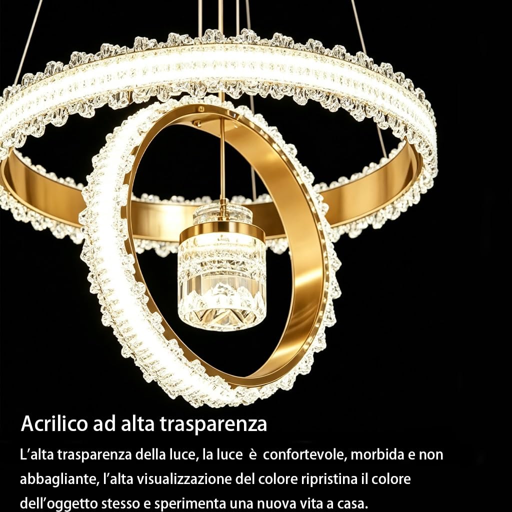 Lampa Kryształowa Nowoczesna Lampa Wisząca LED O Dwupierścieniowym Wzorze Regulowana Wysokością 50 Cm Oświetlenie Ściemnialne W Trzech Kolorach Odpowiednia Do Salonu Jadalni I Sypialni
