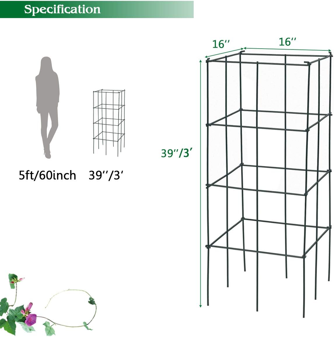 Giantex Pack of 4 Plant Cage Support, Tomato Stakes and Cages, Metal Supports for Potted Plant, 39'' Height Flower Trellis (16''Lx 16''Wx 39''H (4 Pieces))