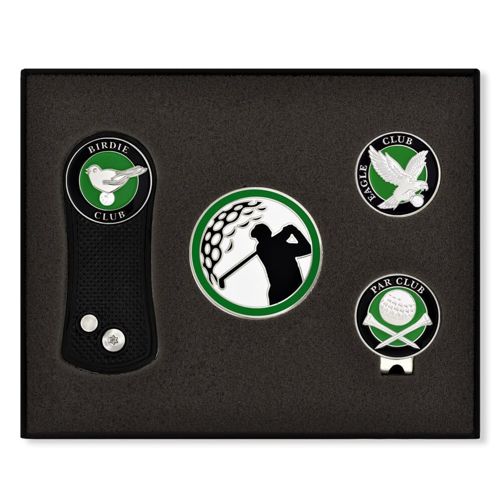PinMart's Golf Essentials Gift Set - Golf Divot Tool, Hat Clip, Magnetic Ball Markers, Large Ball Marker with Presentation Box - Gifts and Accessories for Men and Women